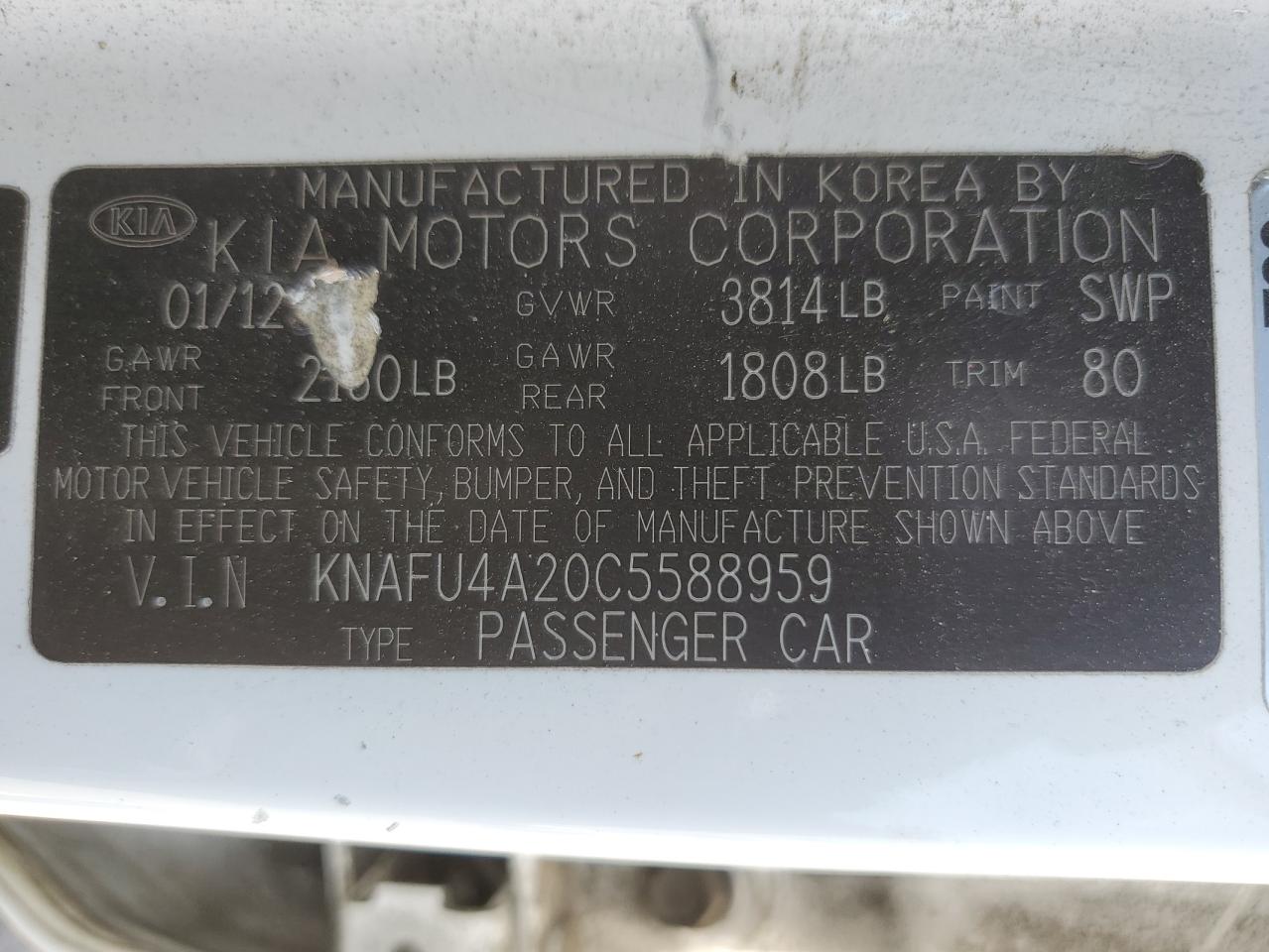 KNAFU4A20C5588959 2012 Kia Forte Ex