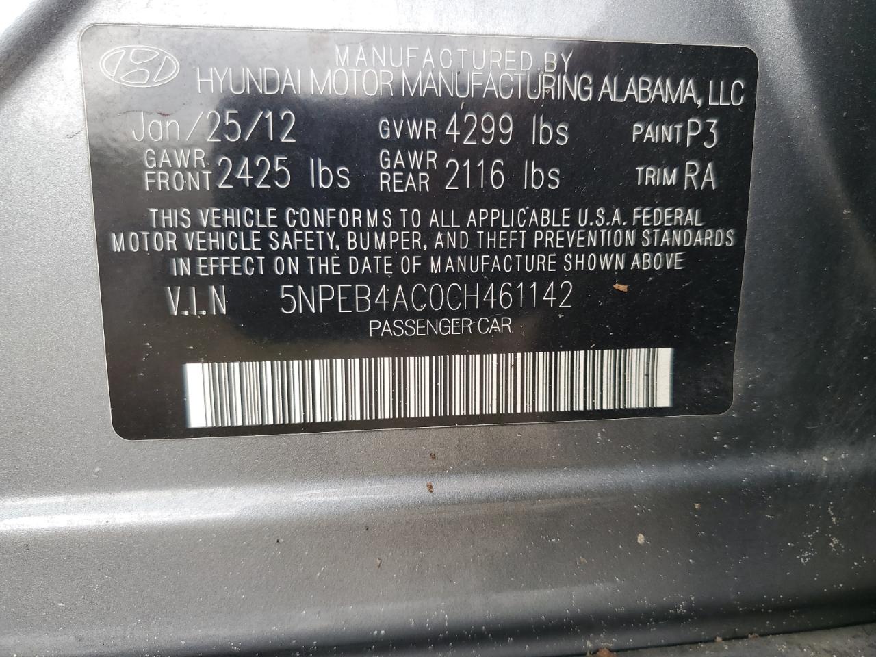 5NPEB4AC0CH461142 2012 Hyundai Sonata Gls