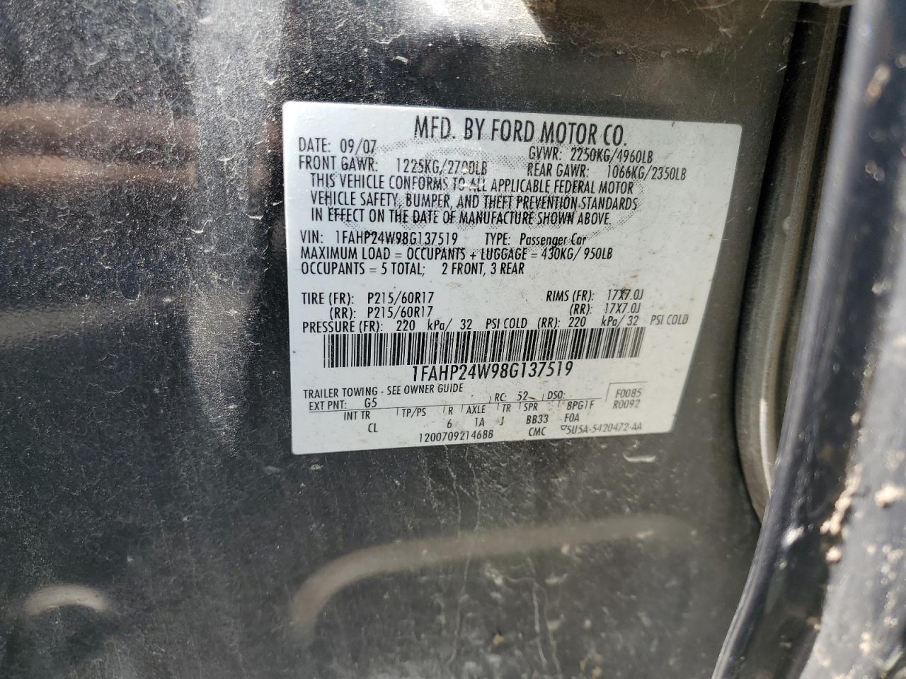 1FAHP24W98G137519 2008 Ford Taurus Sel