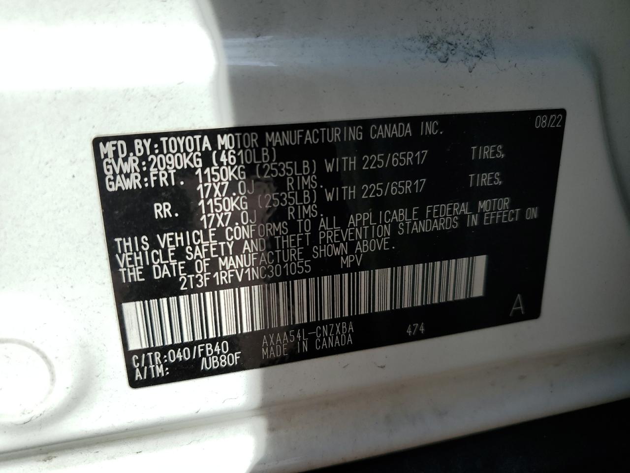 2T3F1RFV1NC301055 2022 Toyota Rav4 Le