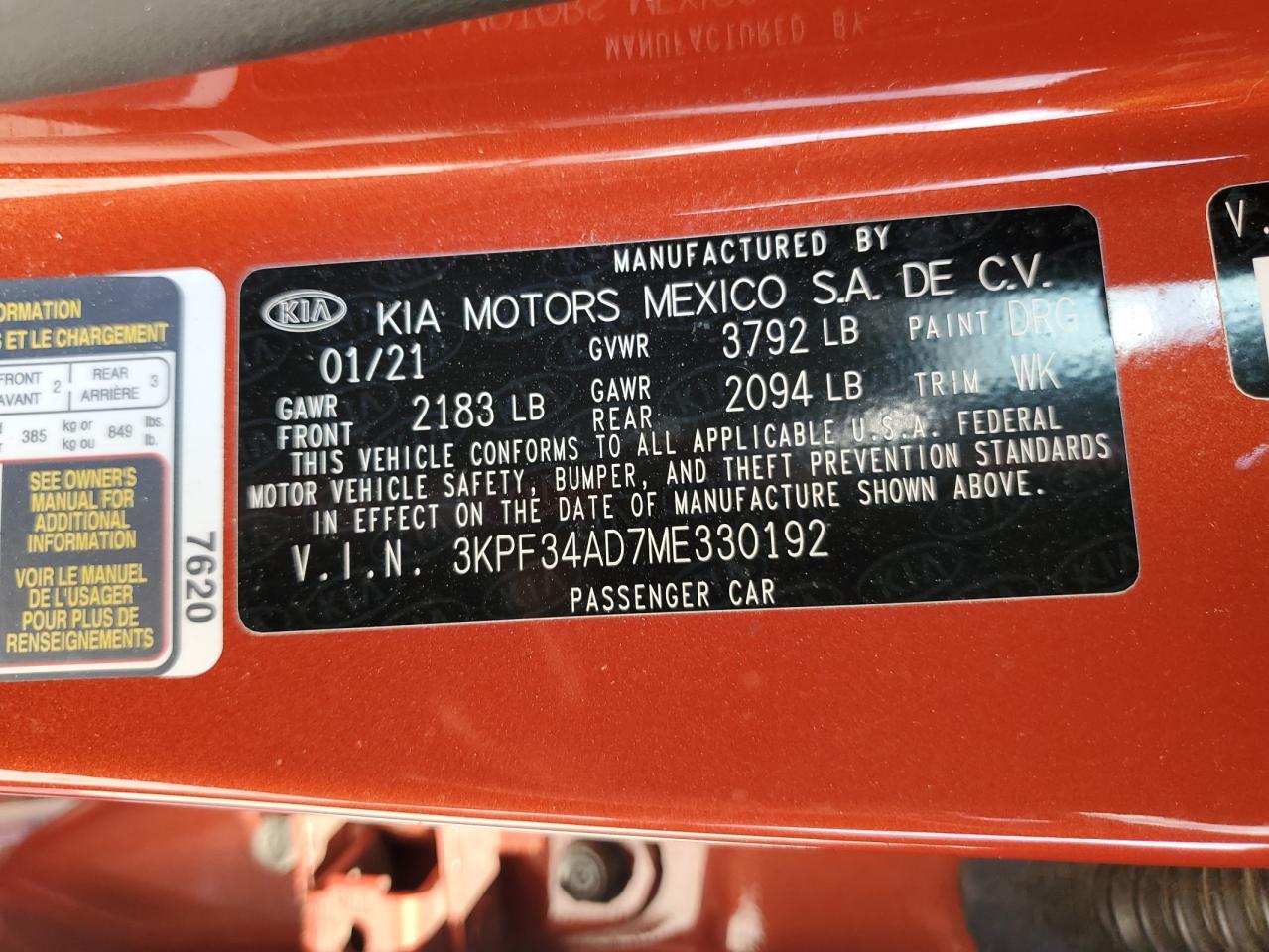 3KPF34AD7ME330192 2021 Kia Forte Gt Line