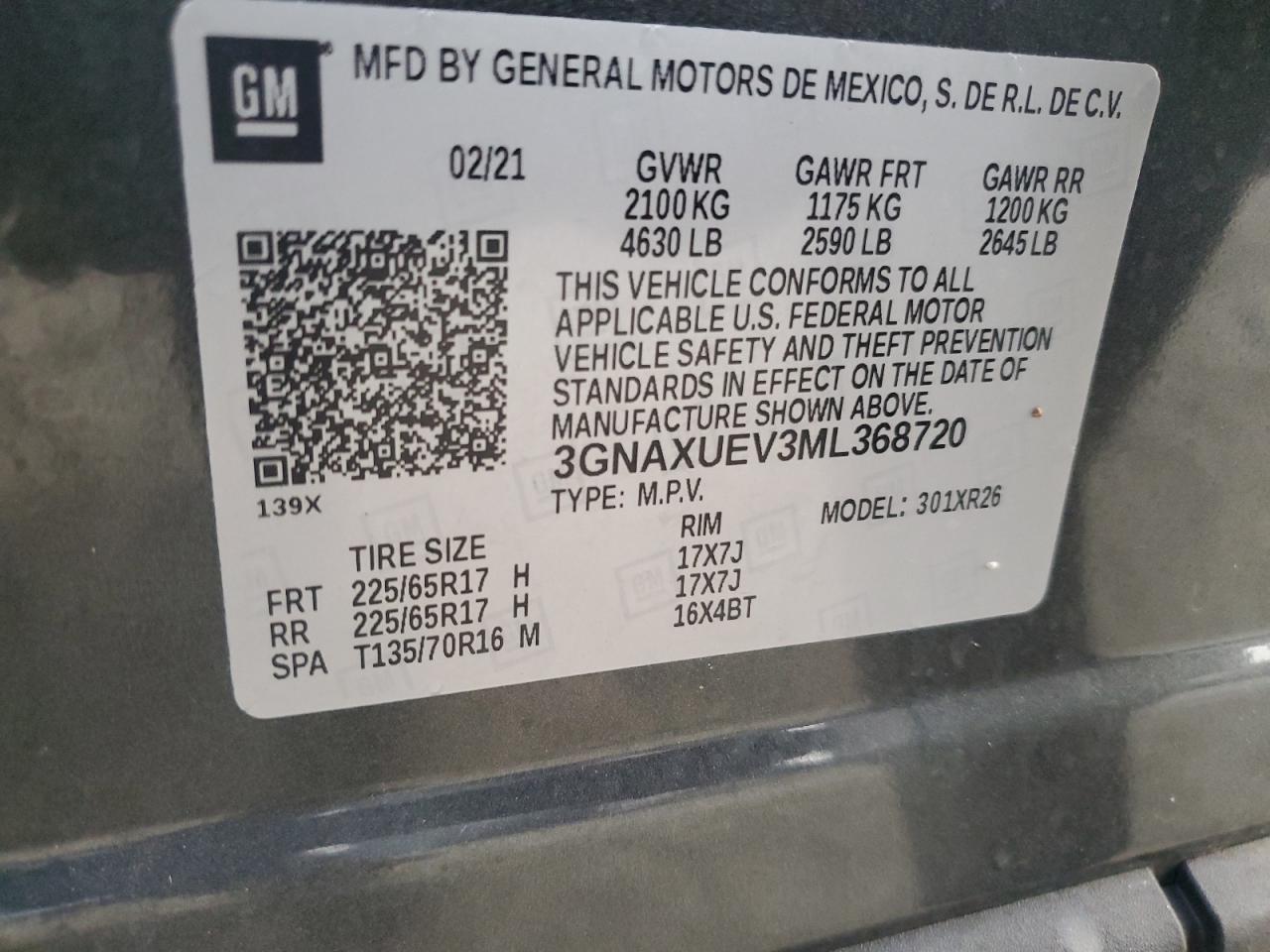 3GNAXUEV3ML368720 2021 Chevrolet Equinox Lt