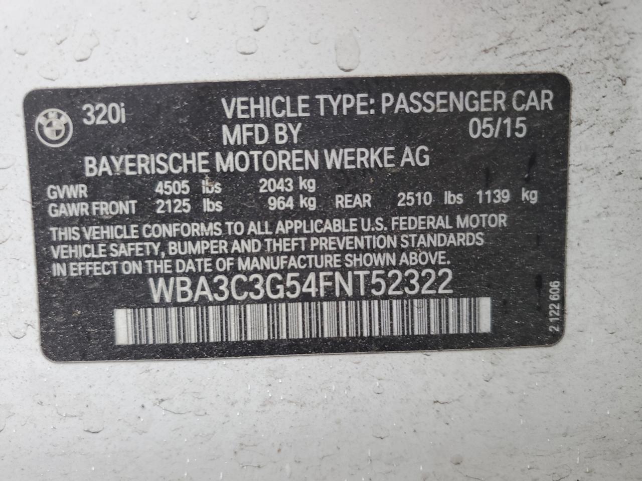 VIN WBA3C3G54FNT52322 2015 BMW 3 SERIES no.12