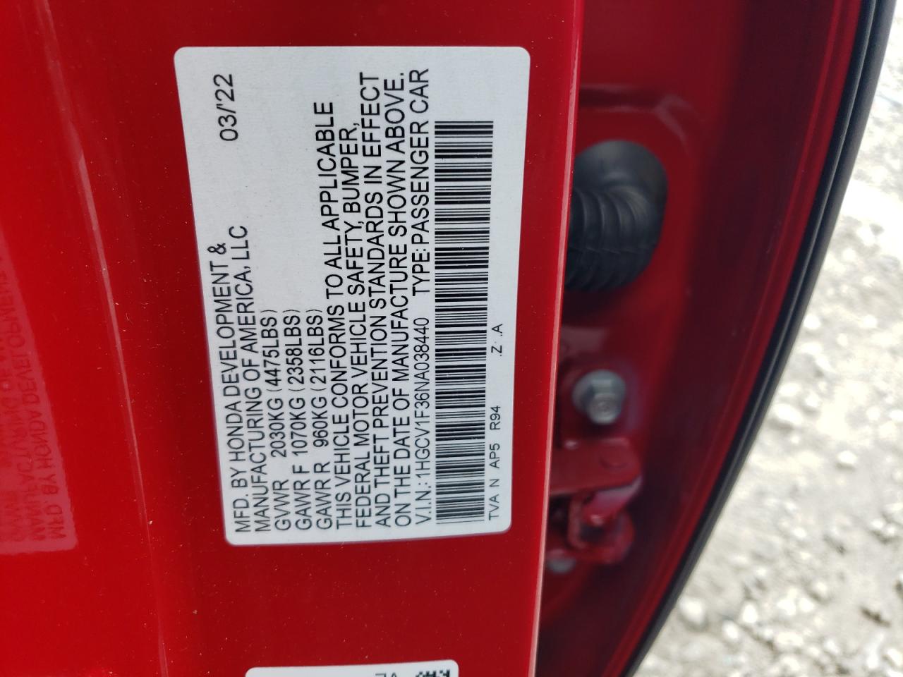 1HGCV1F36NA038440 2022 Honda Accord Sport