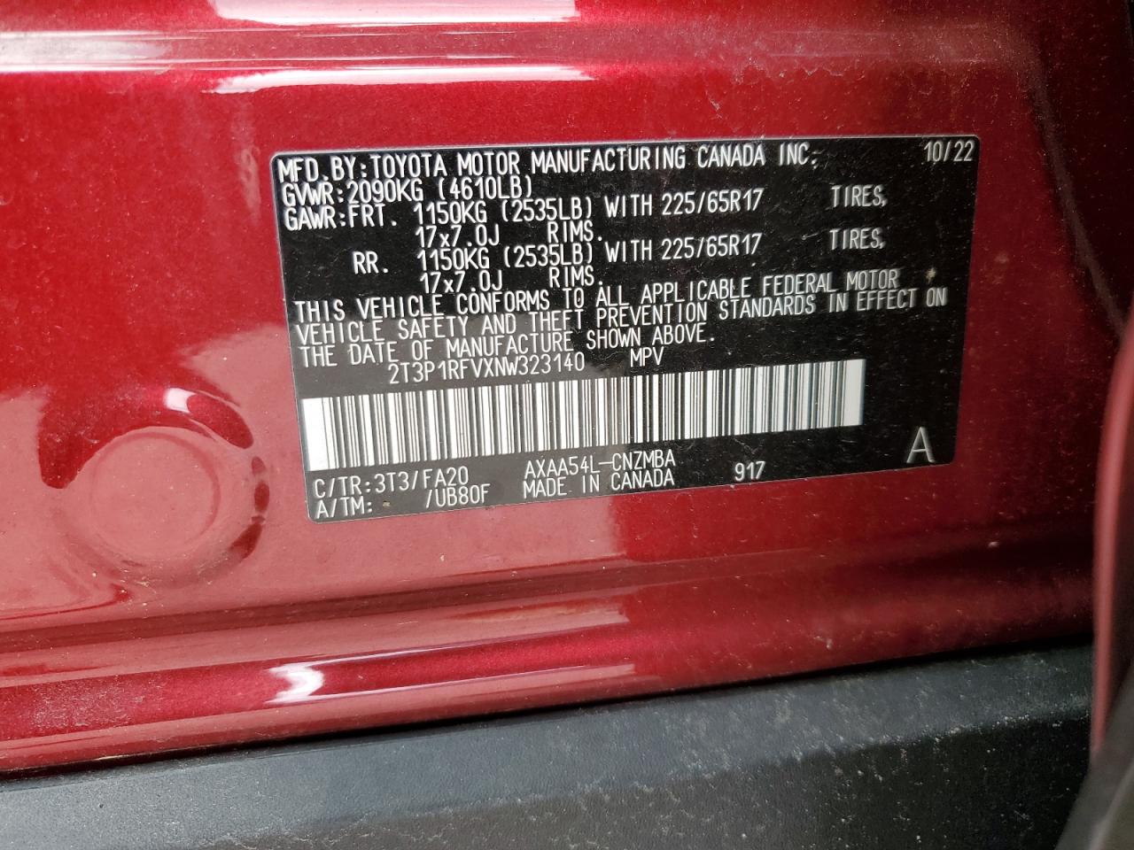 2T3P1RFVXNW323140 2022 Toyota Rav4 Xle