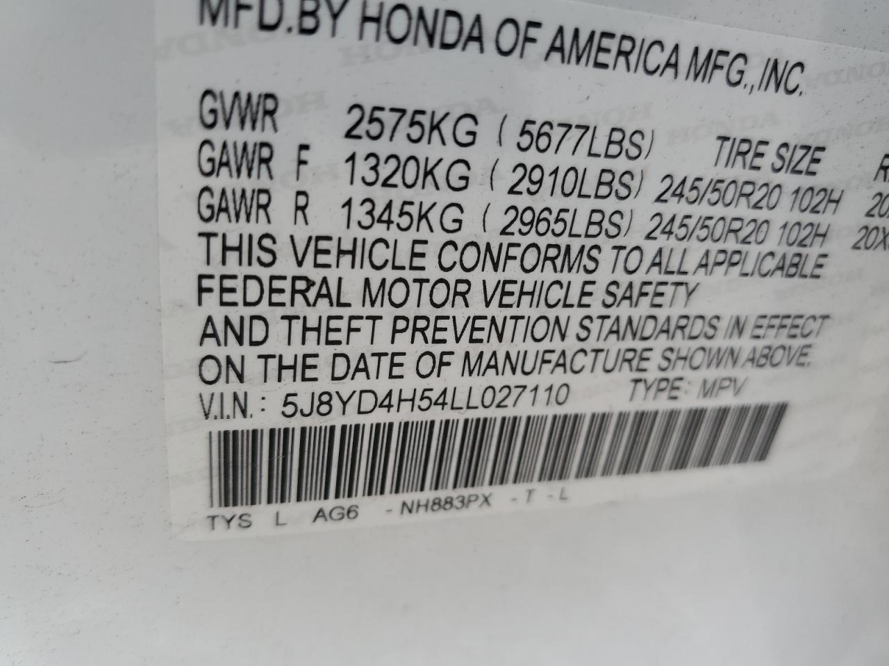 5J8YD4H54LL027110 2020 Acura Mdx Technology