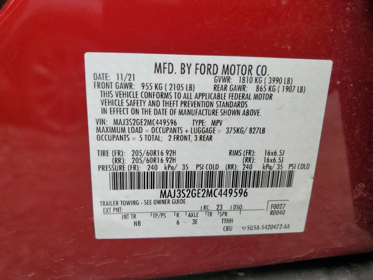 MAJ3S2GE2MC449596 2021 Ford Ecosport Se