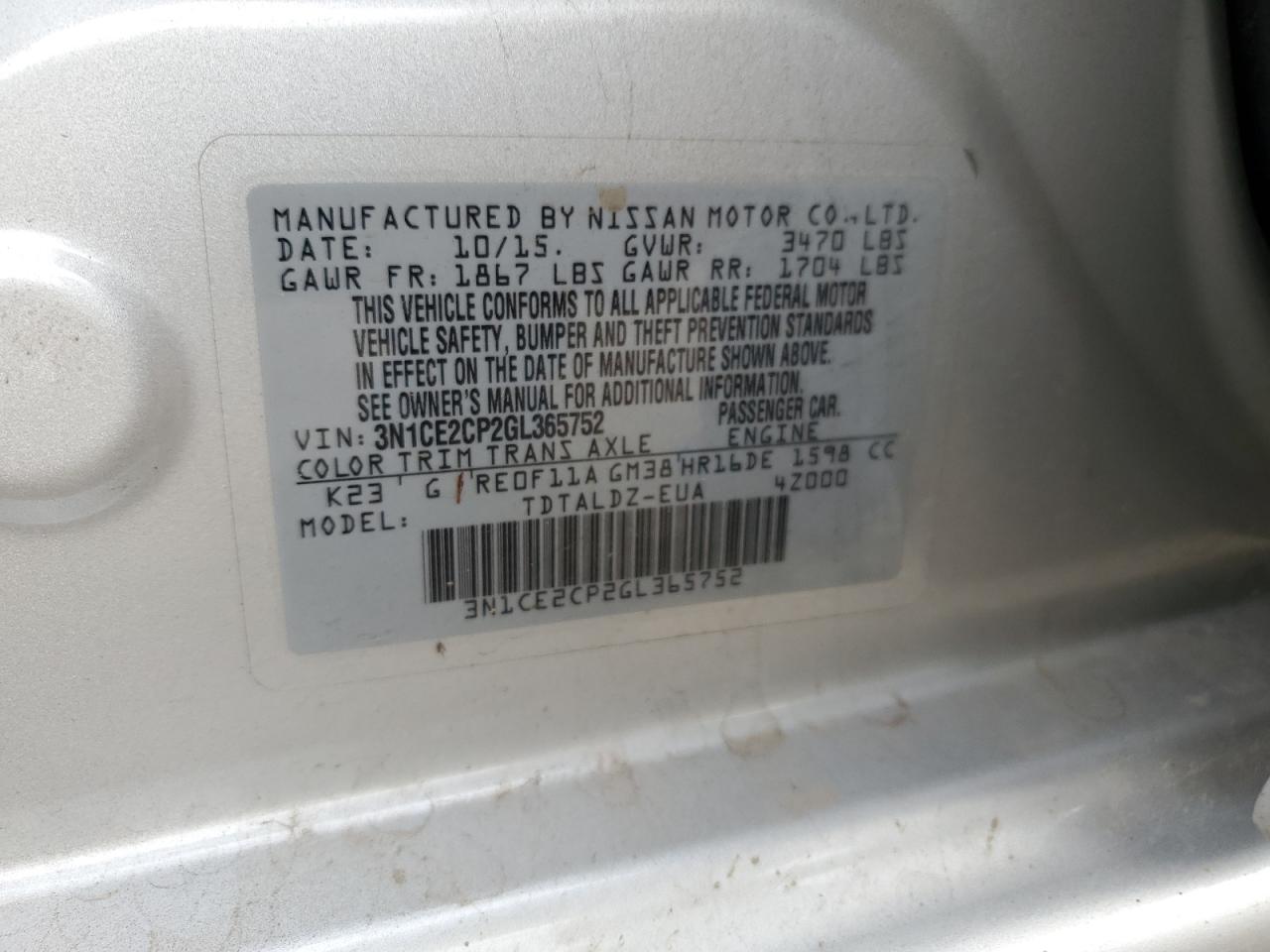 3N1CE2CP2GL365752 2016 Nissan Versa Note S