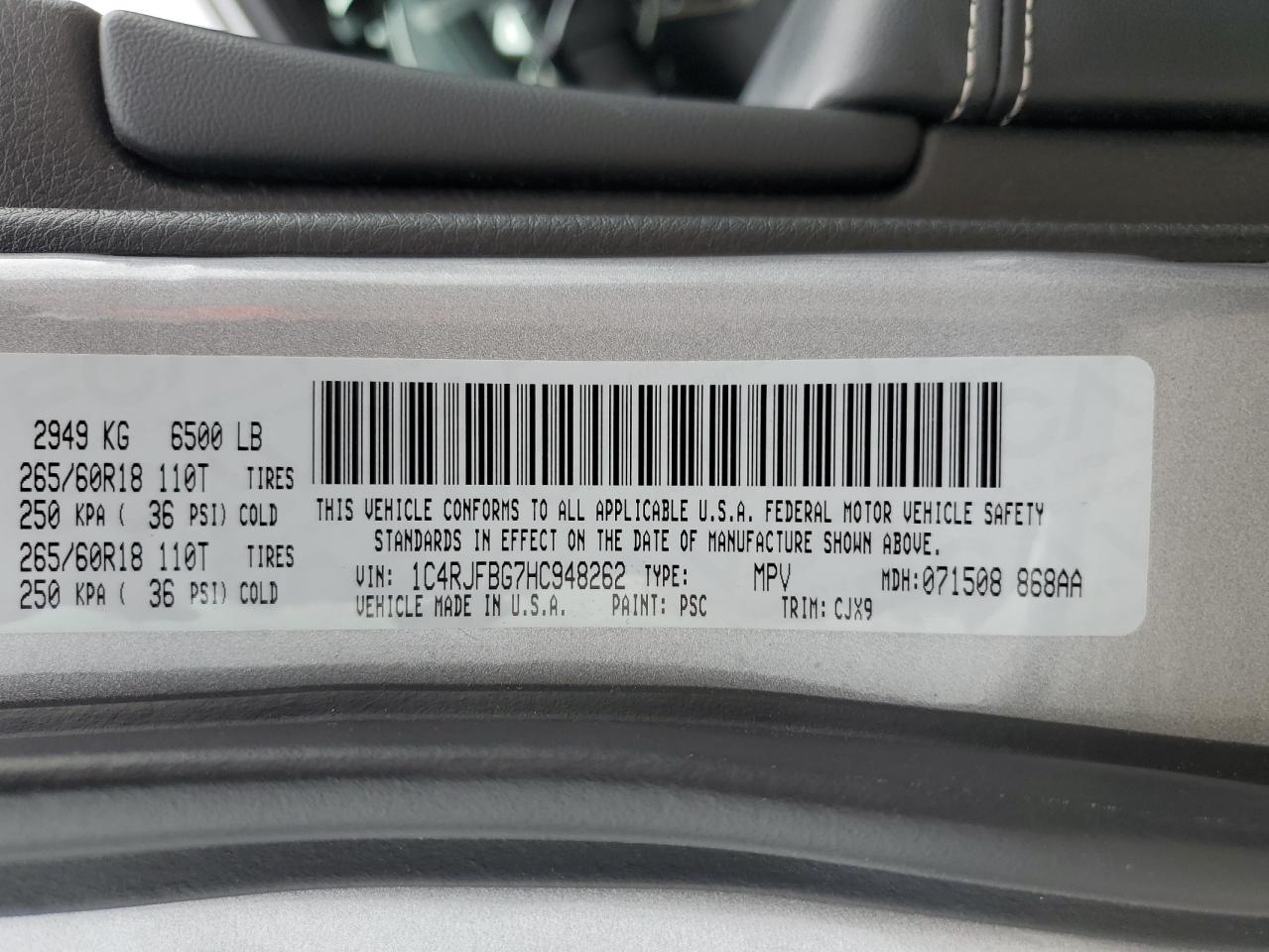 2017 Jeep Grand Cherokee Limited VIN: 1C4RJFBG7HC948262 Lot: 72911274