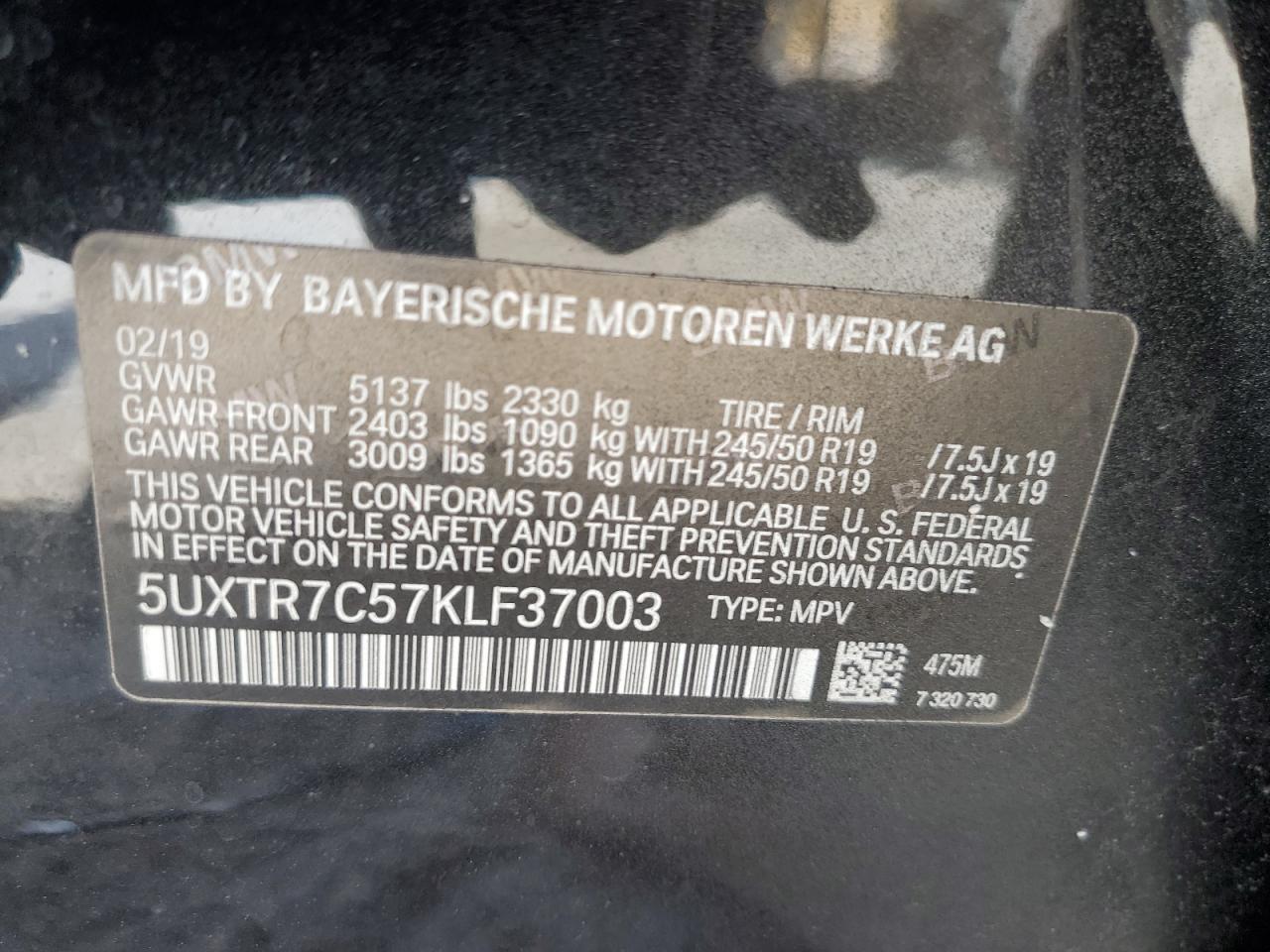 5UXTR7C57KLF37003 2019 BMW X3 Sdrive30I