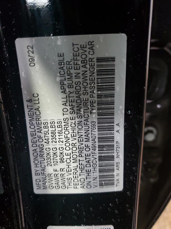 1HGCV1F49NA077693 2022 Honda Accord Sport Se