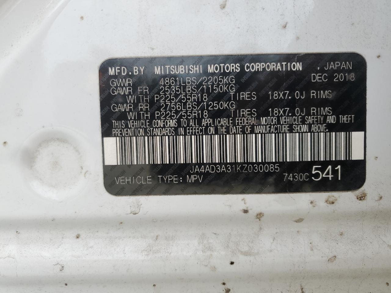 JA4AD3A31KZ030085 2019 Mitsubishi Outlander Se