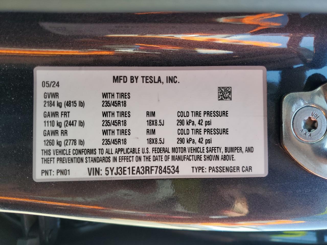 2024 Tesla Model 3 VIN: 5YJ3E1EA3RF784534 Lot: 70854564