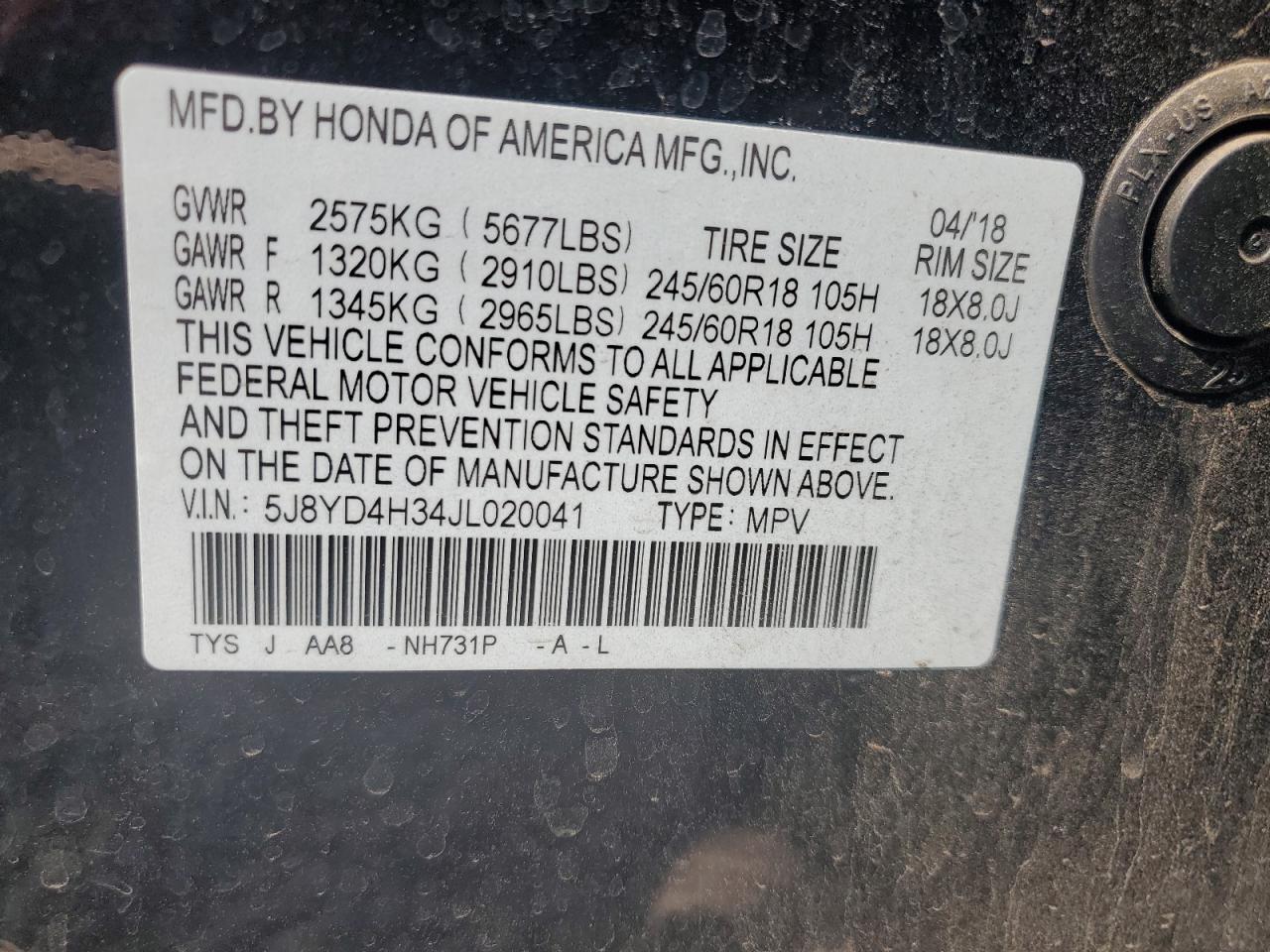 5J8YD4H34JL020041 2018 Acura Mdx