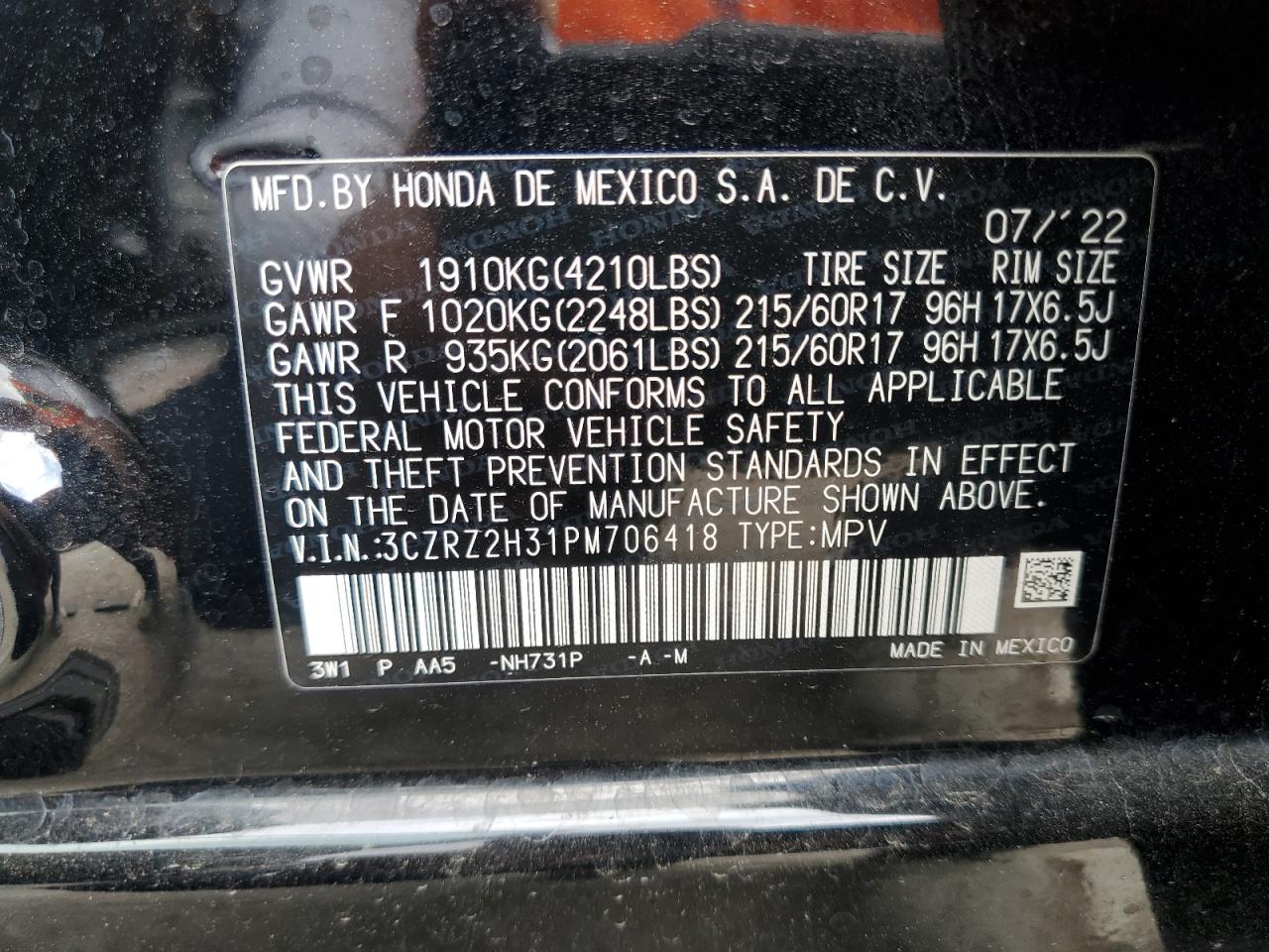 3CZRZ2H31PM706418 2023 Honda Hr-V Lx