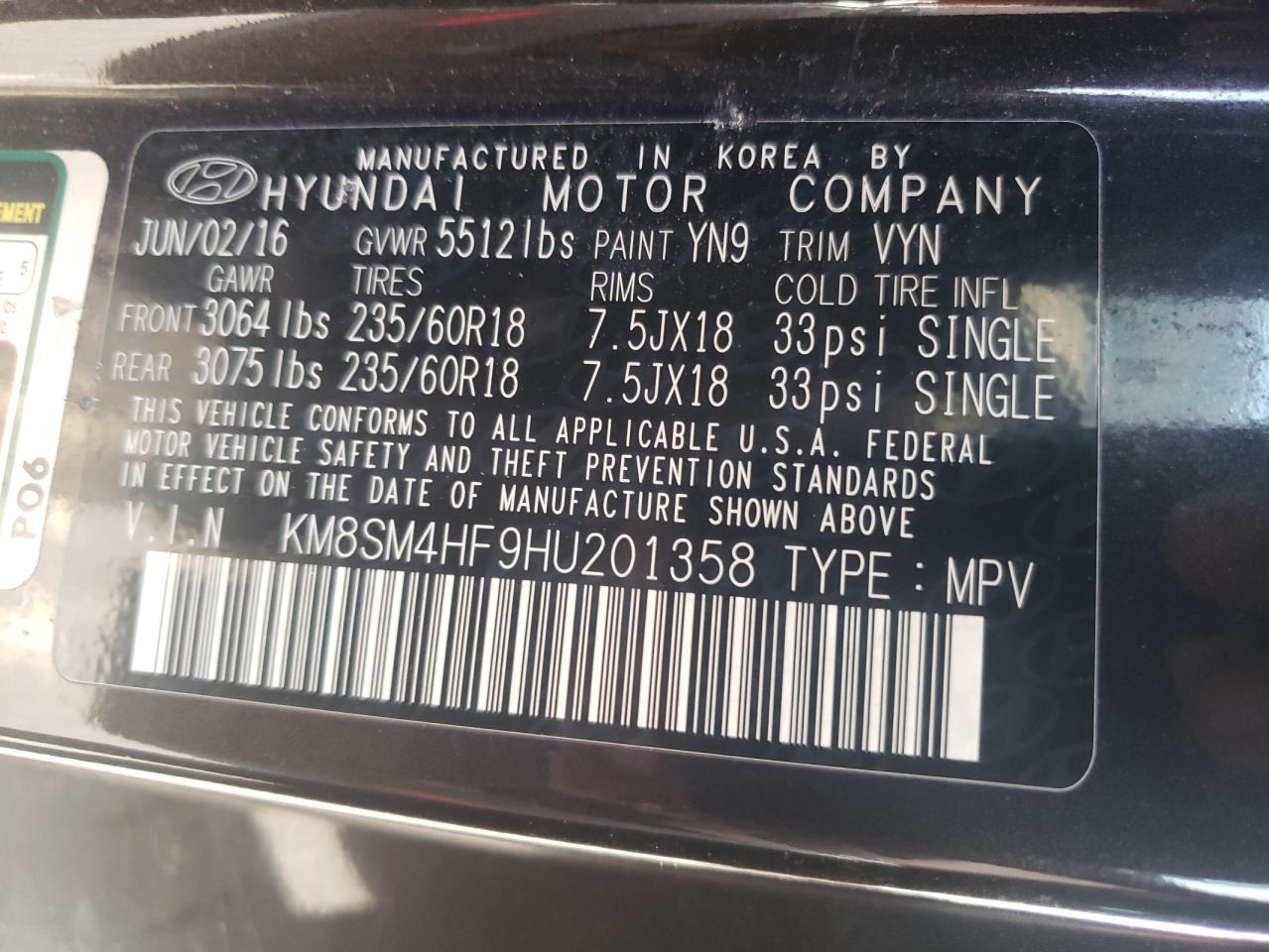 KM8SM4HF9HU201358 2017 Hyundai Santa Fe Se