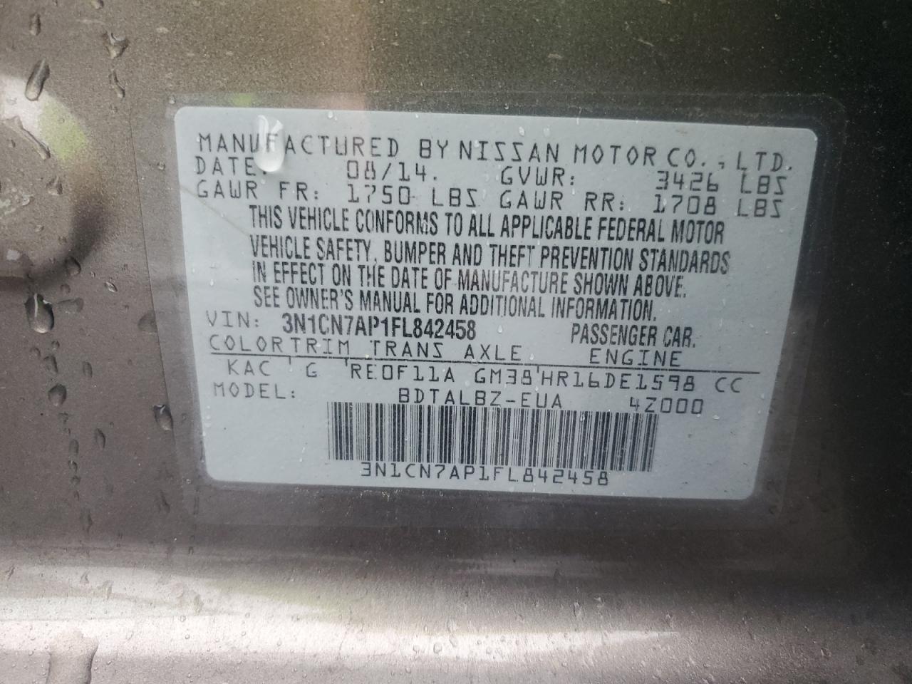 3N1CN7AP1FL842458 2015 Nissan Versa S