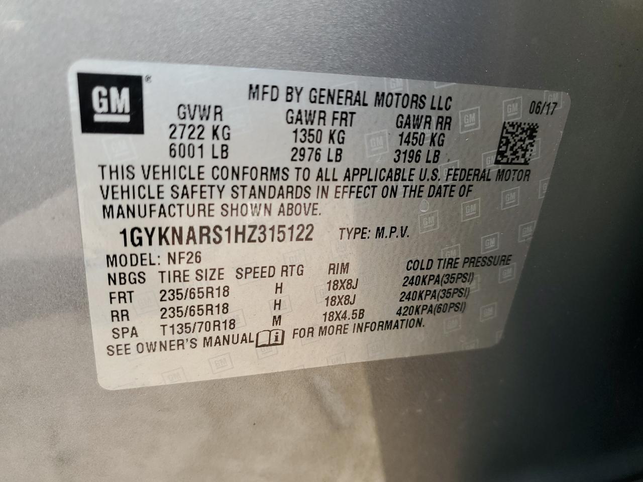 1GYKNARS1HZ315122 2017 Cadillac Xt5