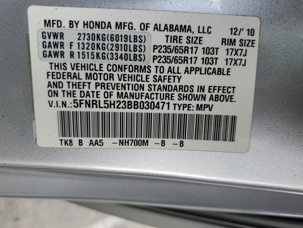 5FNRL5H23BB030471 2011 Honda Odyssey Lx