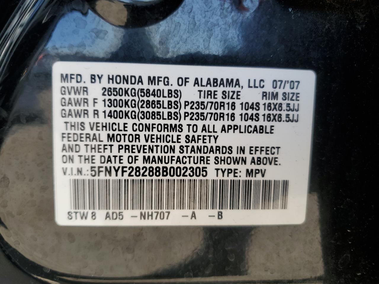 5FNYF28288B002305 2008 Honda Pilot Vp