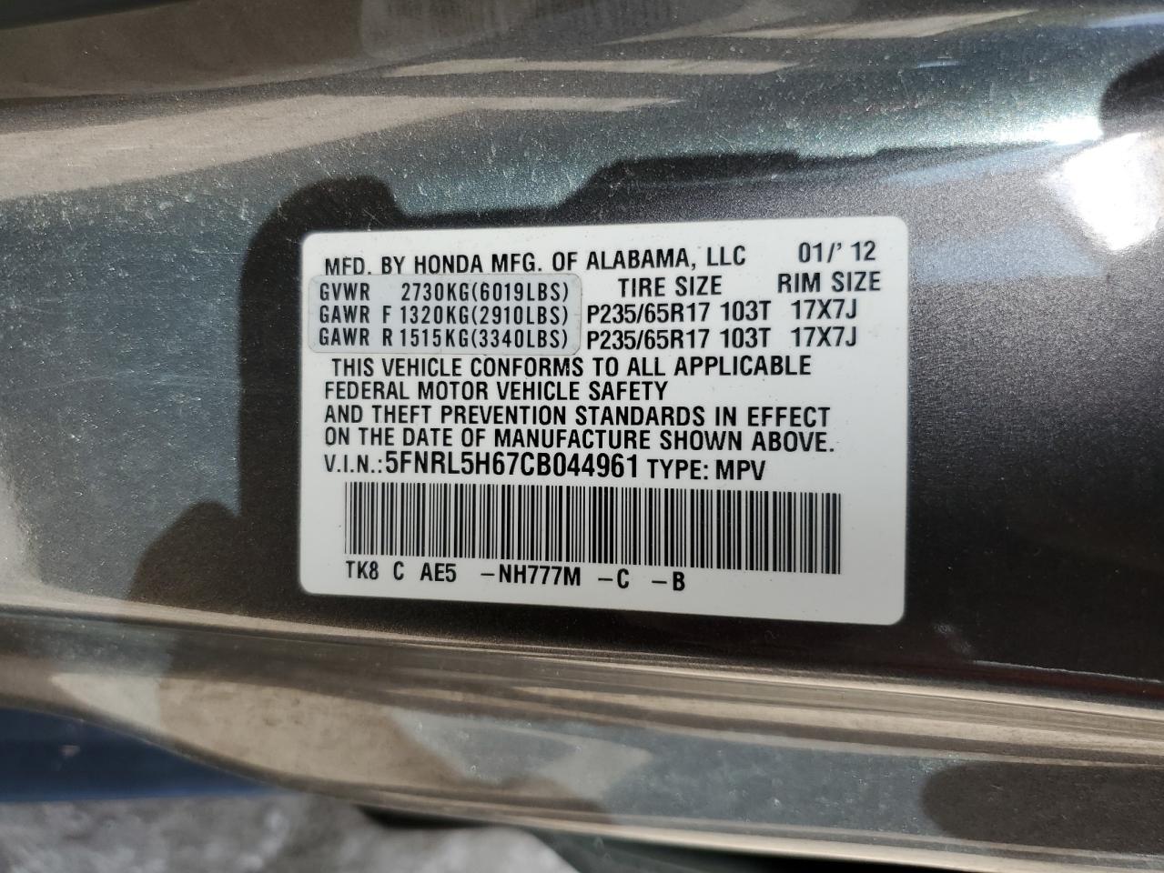 5FNRL5H67CB044961 2012 Honda Odyssey Exl