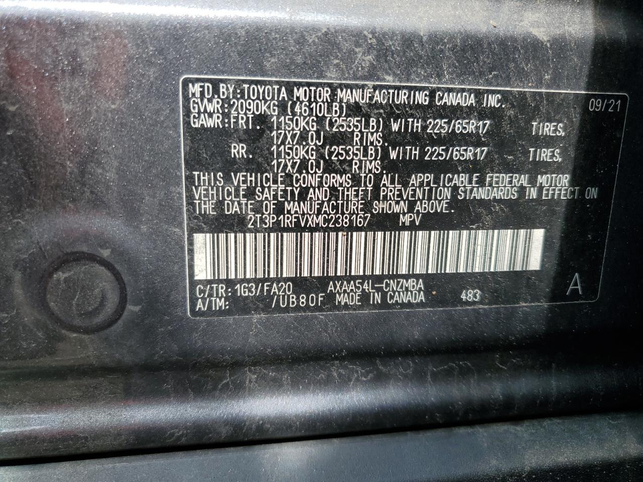 2T3P1RFVXMC238167 2021 Toyota Rav4 Xle