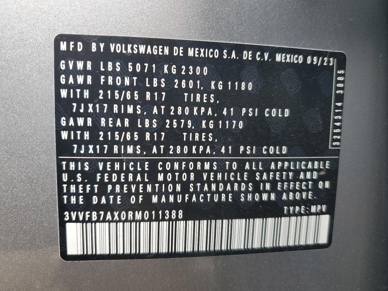 3VVFB7AX0RM011388 2024 Volkswagen Tiguan S