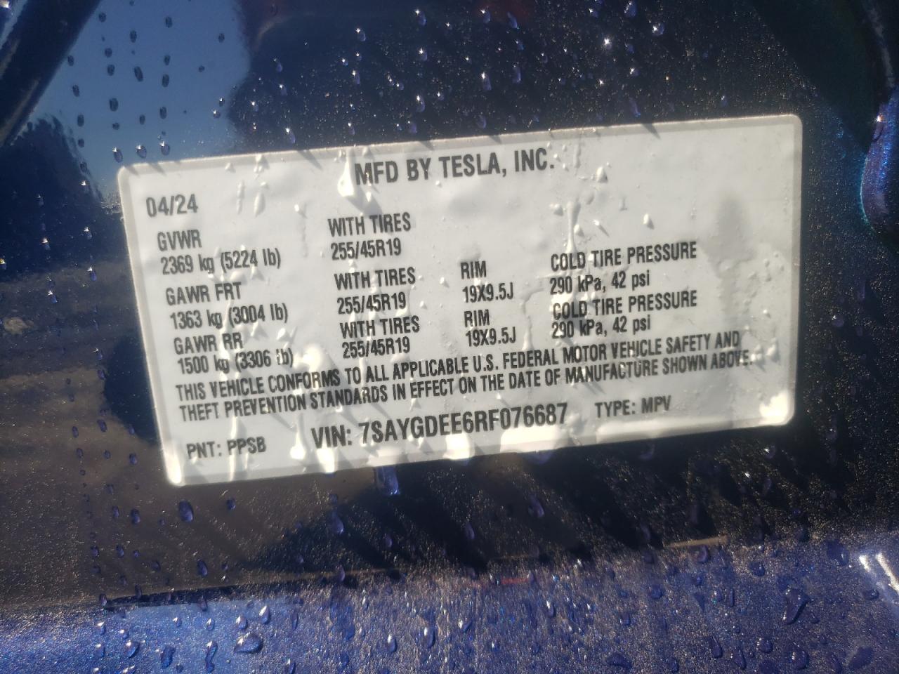 2024 Tesla Model Y VIN: 7SAYGDEE6RF076687 Lot: 70660344