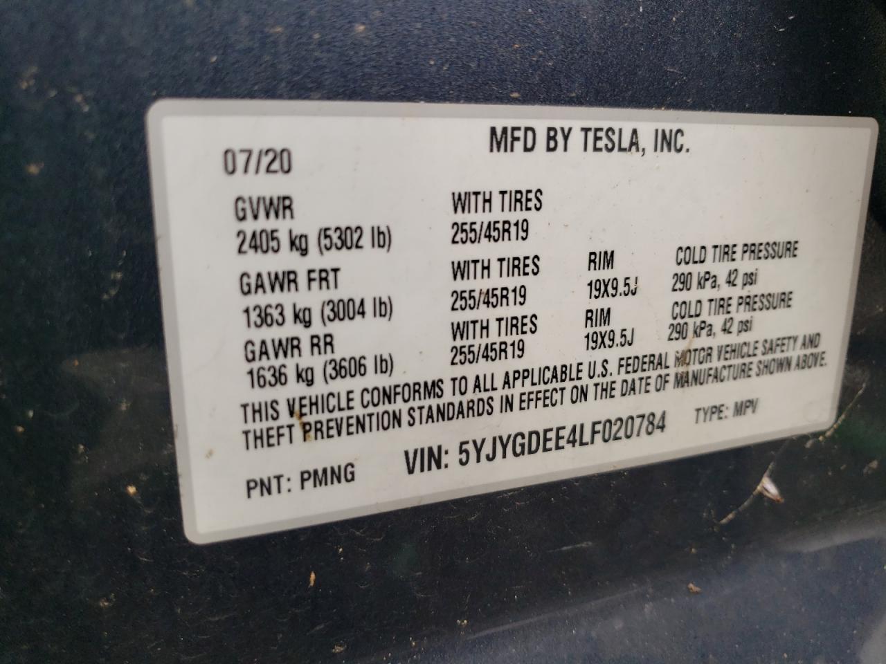 2020 Tesla Model Y VIN: 5YJYGDEE4LF020784 Lot: 71488384