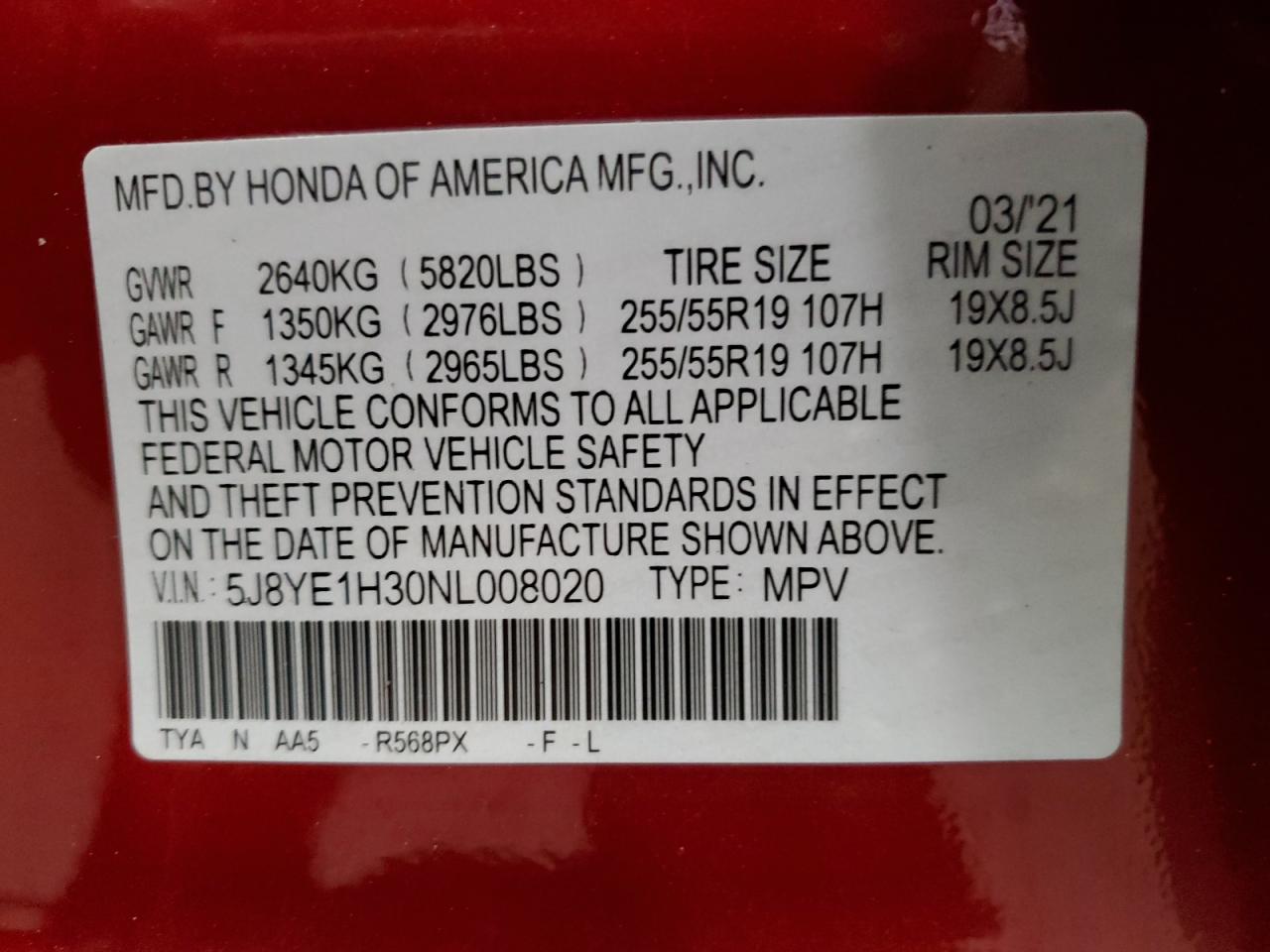 5J8YE1H30NL008020 2022 Acura Mdx