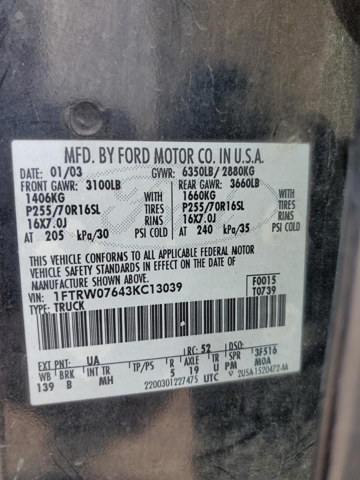 2003 Ford F150 Supercrew VIN: 1FTRW07643KC13039 Lot: 72758524