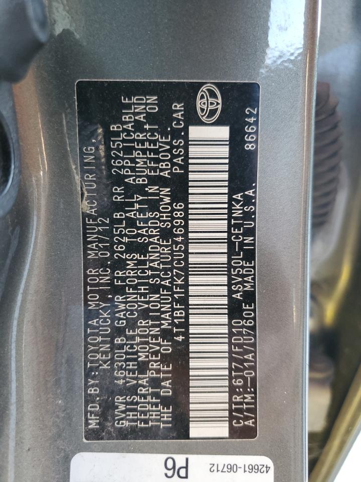 4T1BF1FK7CU546986 2012 Toyota Camry Base