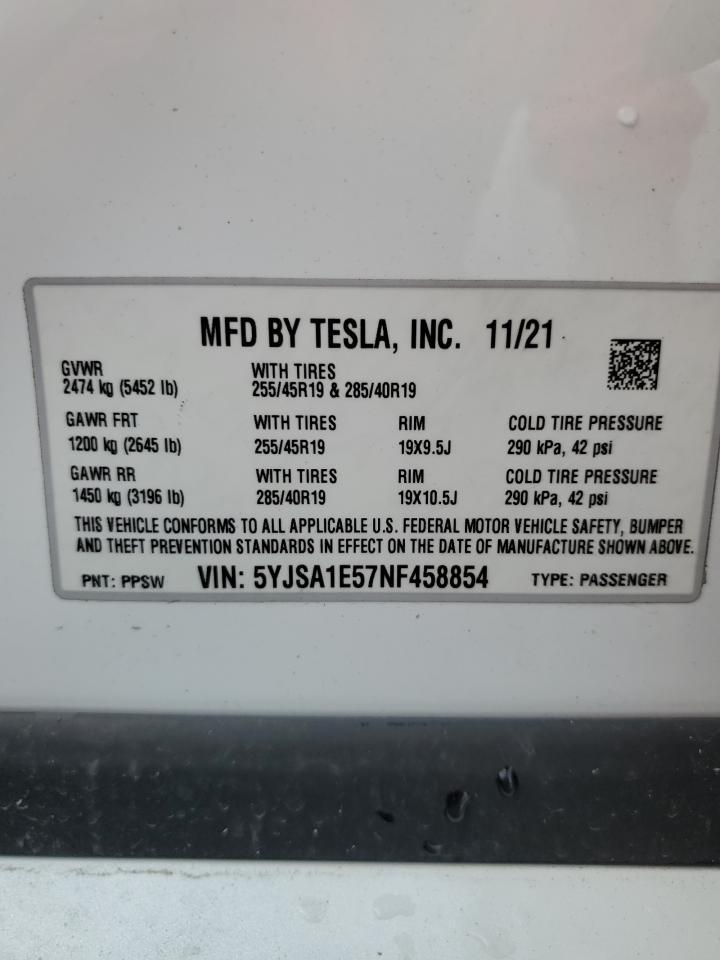 2022 Tesla Model S VIN: 5YJSA1E57NF458854 Lot: 68831714