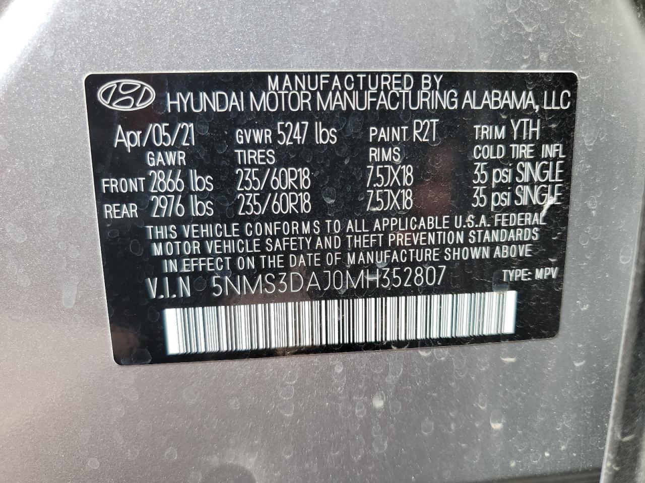 5NMS3DAJ0MH352807 2021 Hyundai Santa Fe Sel