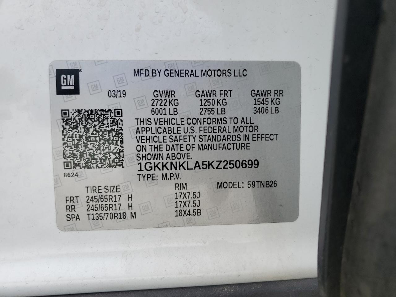 1GKKNKLA5KZ250699 2019 GMC Acadia Sle