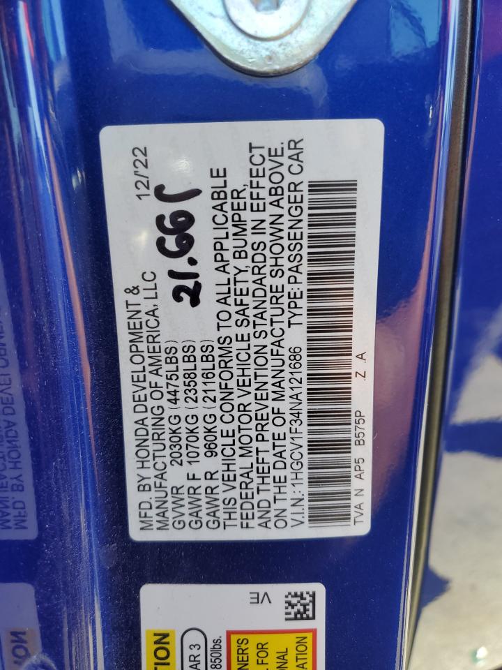 2022 Honda Accord Sport VIN: 1HGCV1F34NA121686 Lot: 72639954