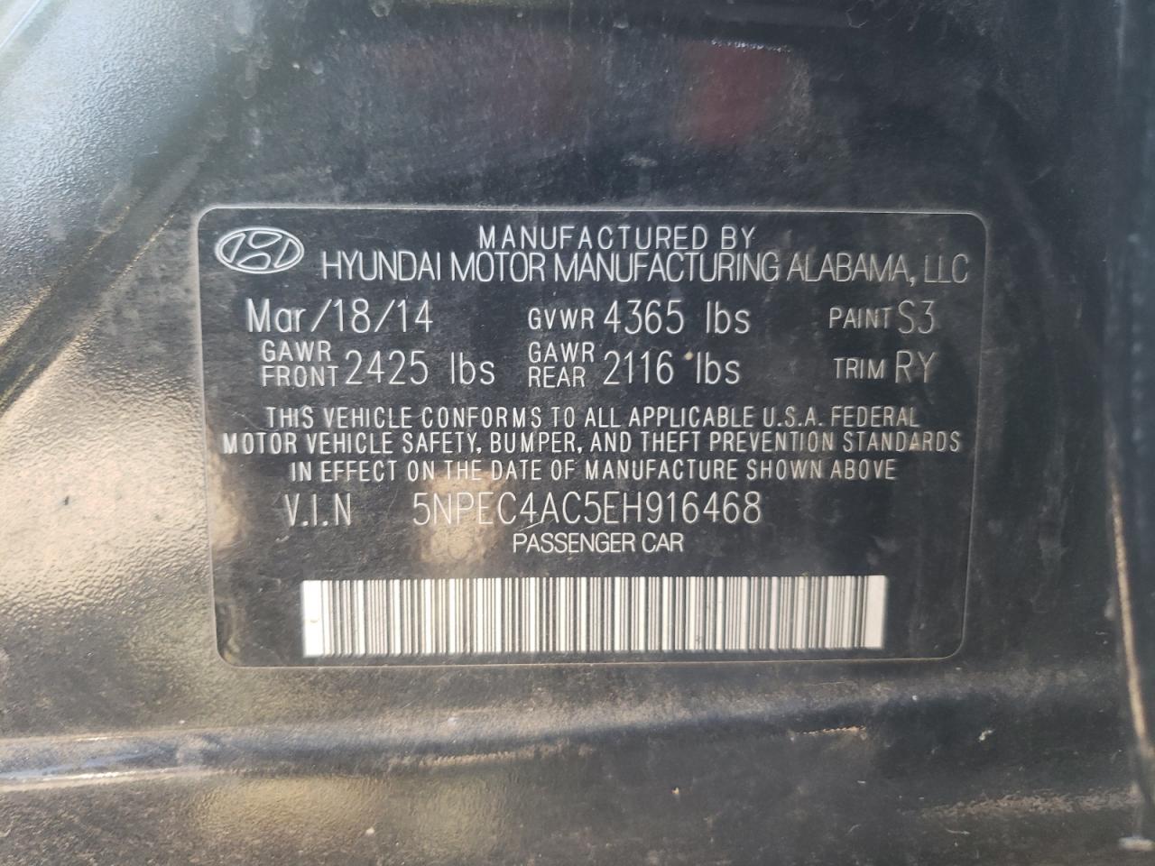 5NPEC4AC5EH916468 2014 Hyundai Sonata Se