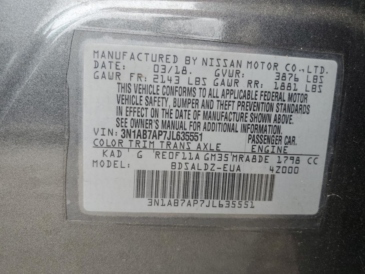 3N1AB7AP7JL635551 2018 Nissan Sentra S