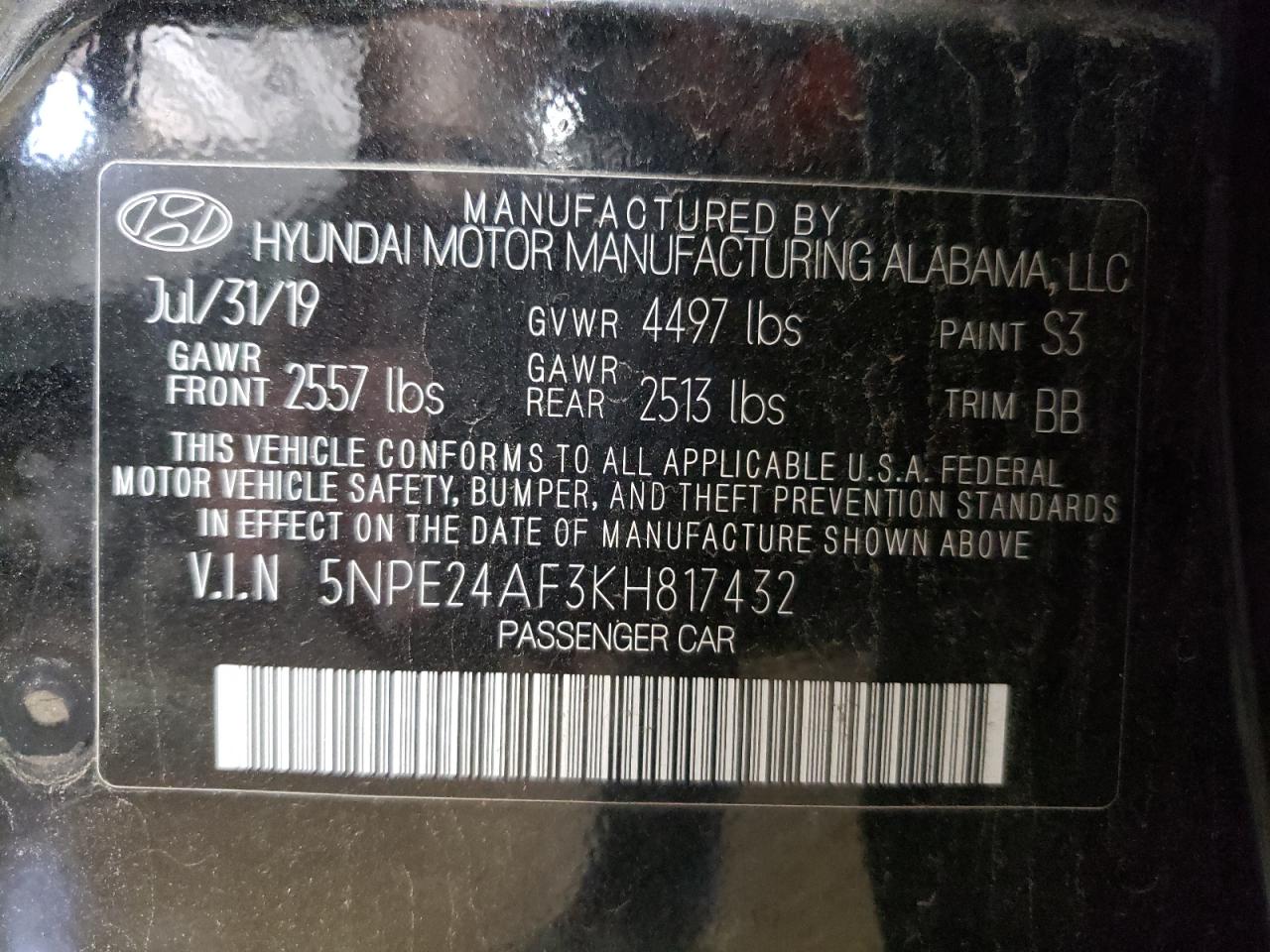 5NPE24AF3KH817432 2019 Hyundai Sonata Se