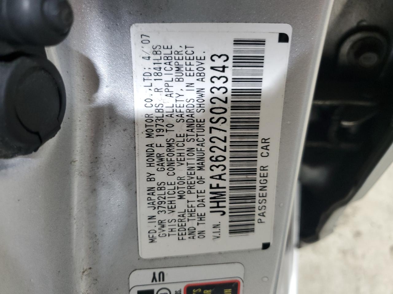 JHMFA36227S023343 2007 Honda Civic Hybrid