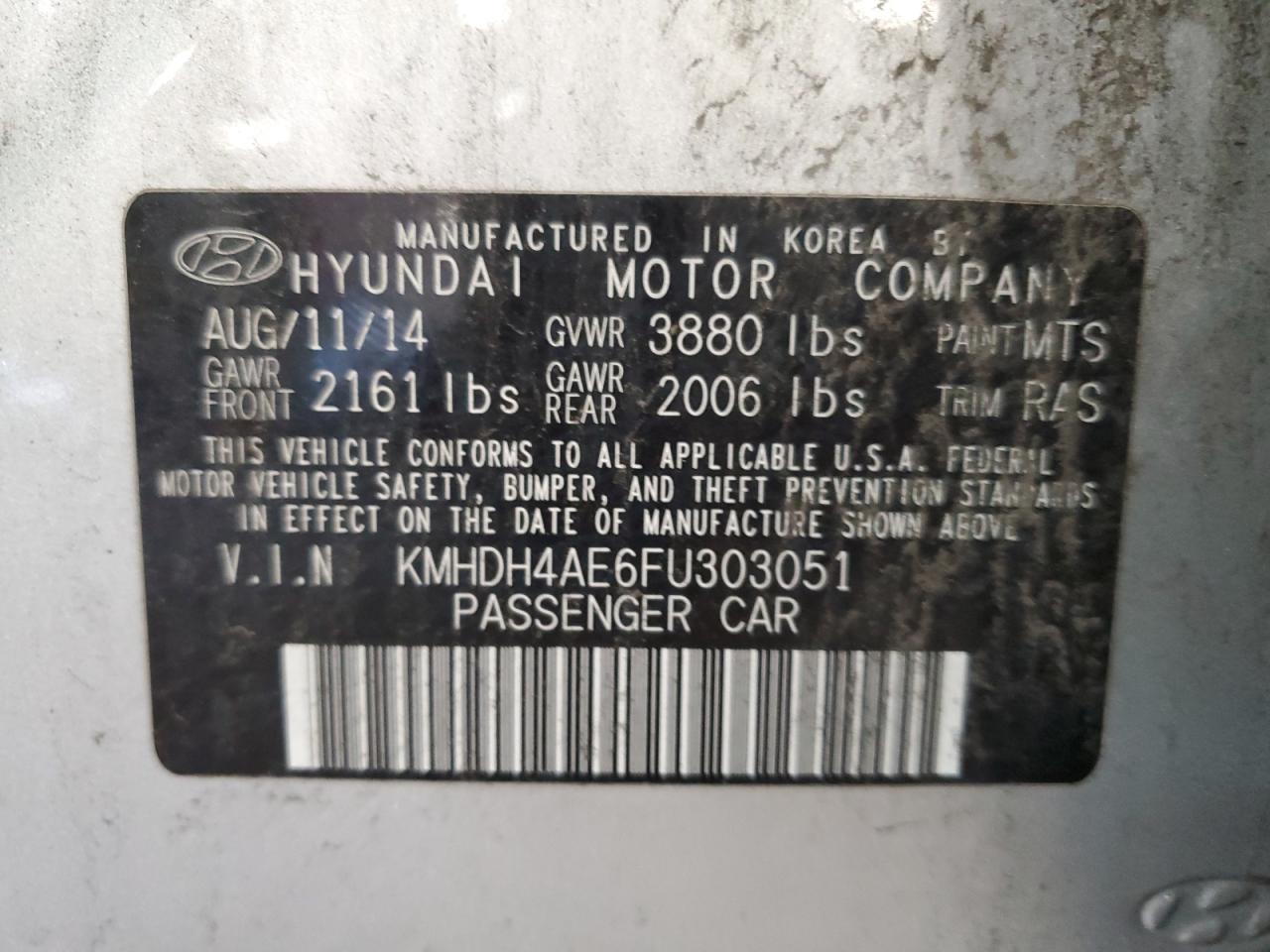 KMHDH4AE6FU303051 2015 Hyundai Elantra Se