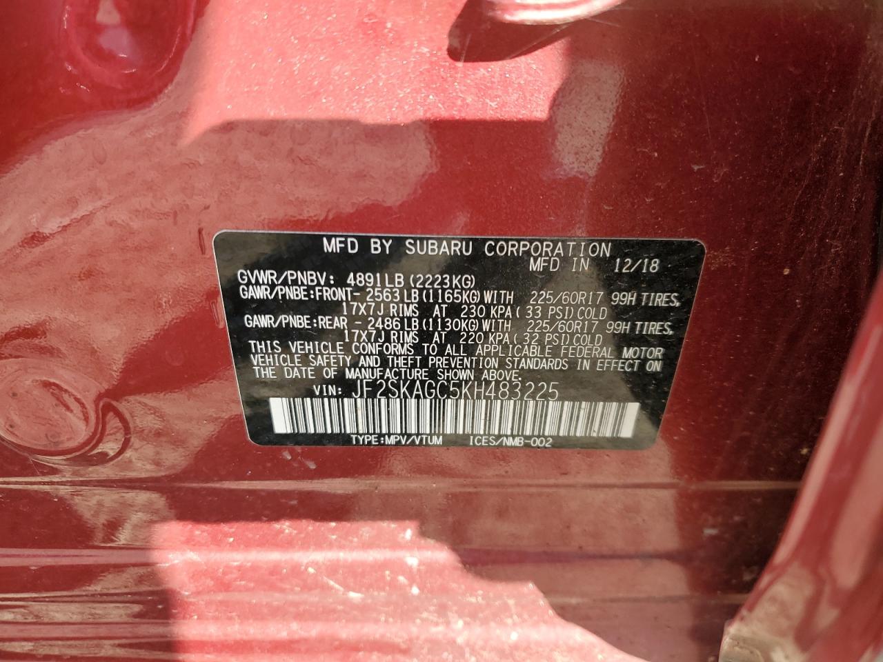 JF2SKAGC5KH483225 2019 Subaru Forester Premium