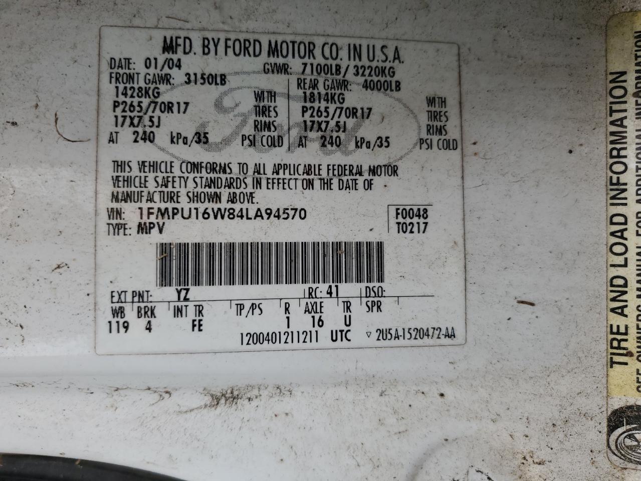 1FMPU16W84LA94570 2004 Ford Expedition Xlt