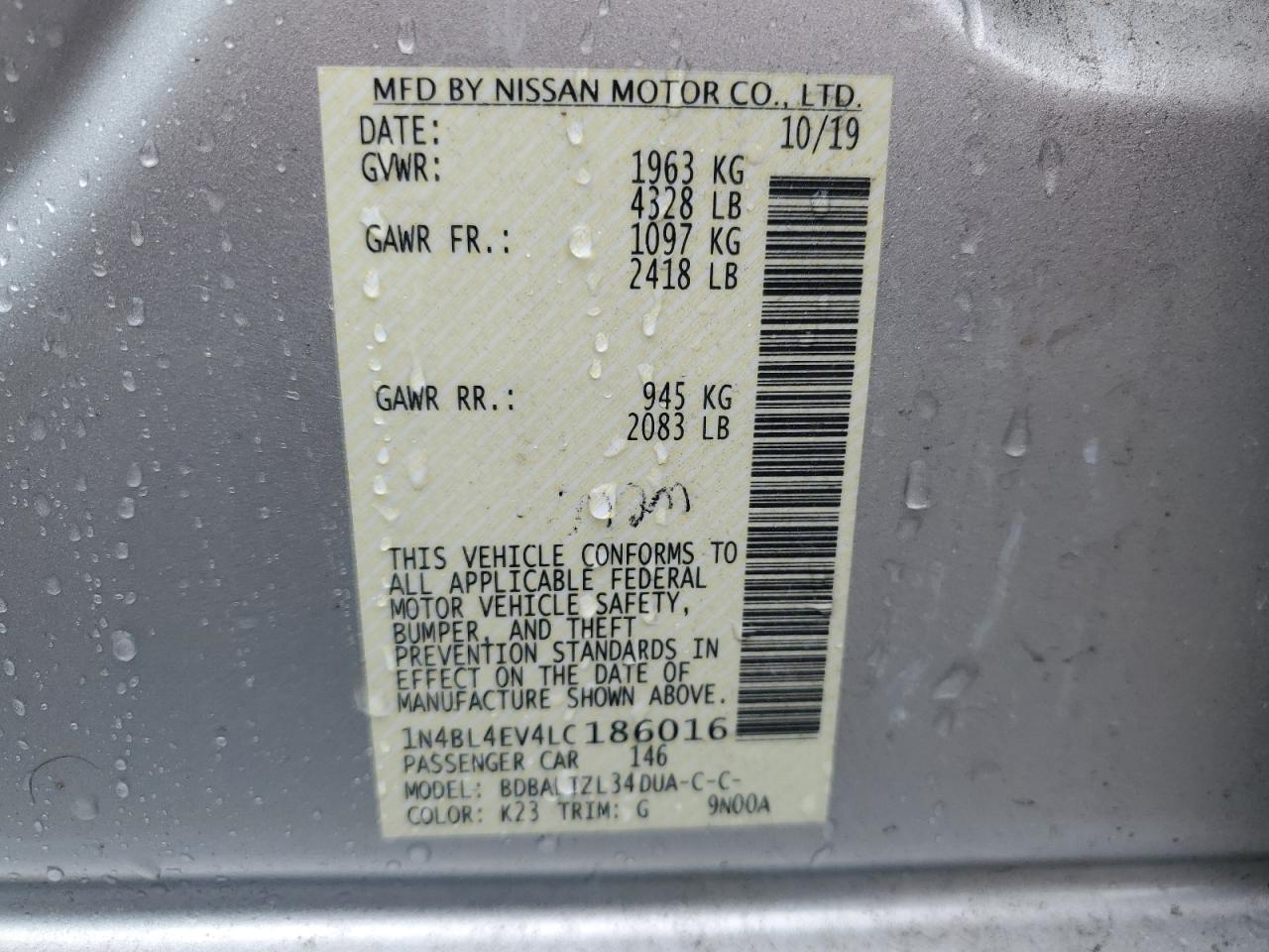 1N4BL4EV4LC186016 2020 Nissan Altima Sl