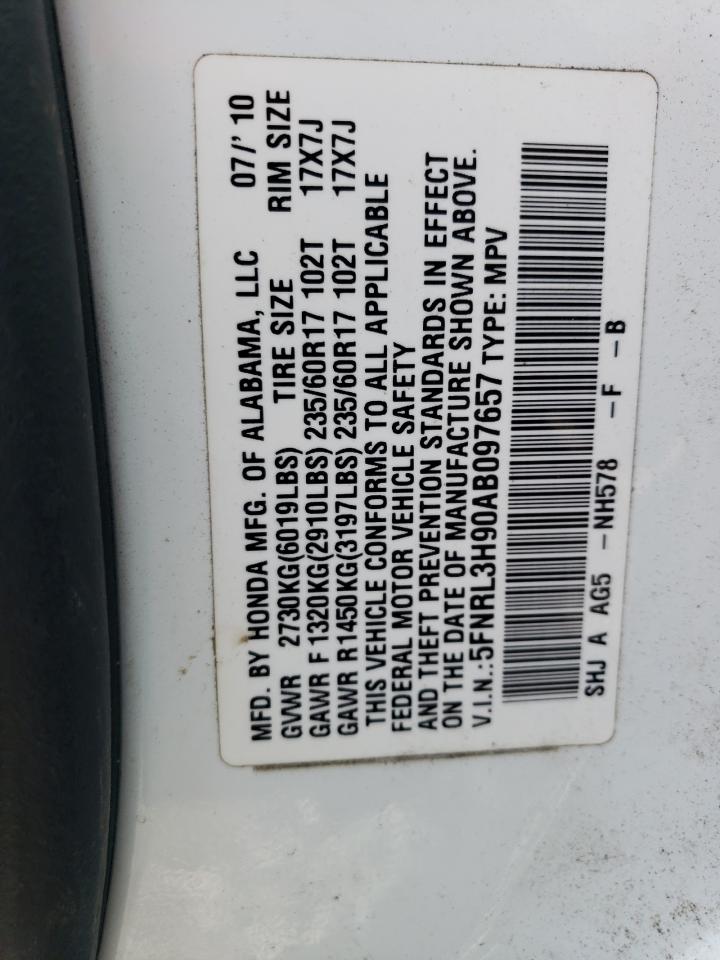 5FNRL3H90AB097657 2010 Honda Odyssey Touring