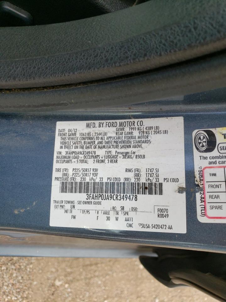 2012 Ford Fusion Sel VIN: 3FAHP0JA9CR349478 Lot: 71610104