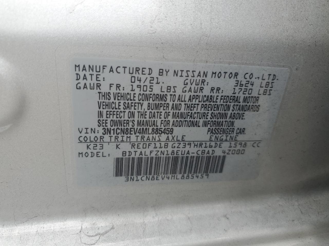 3N1CN8EV4ML885459 2021 Nissan Versa Sv