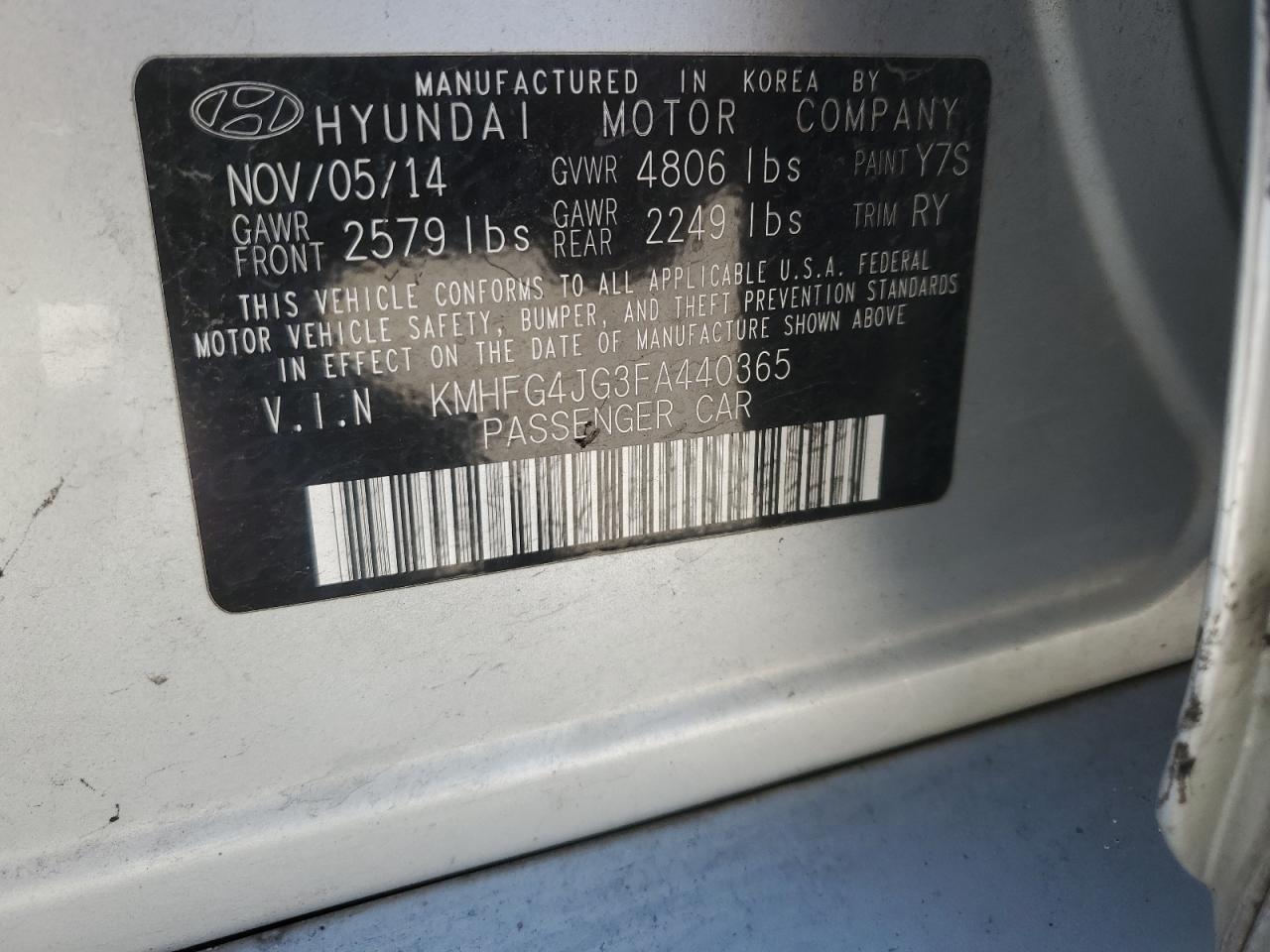 2015 Hyundai Azera VIN: KMHFG4JG3FA440365 Lot: 70602894