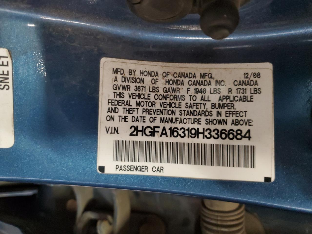 2HGFA16319H336684 2009 Honda Civic Vp