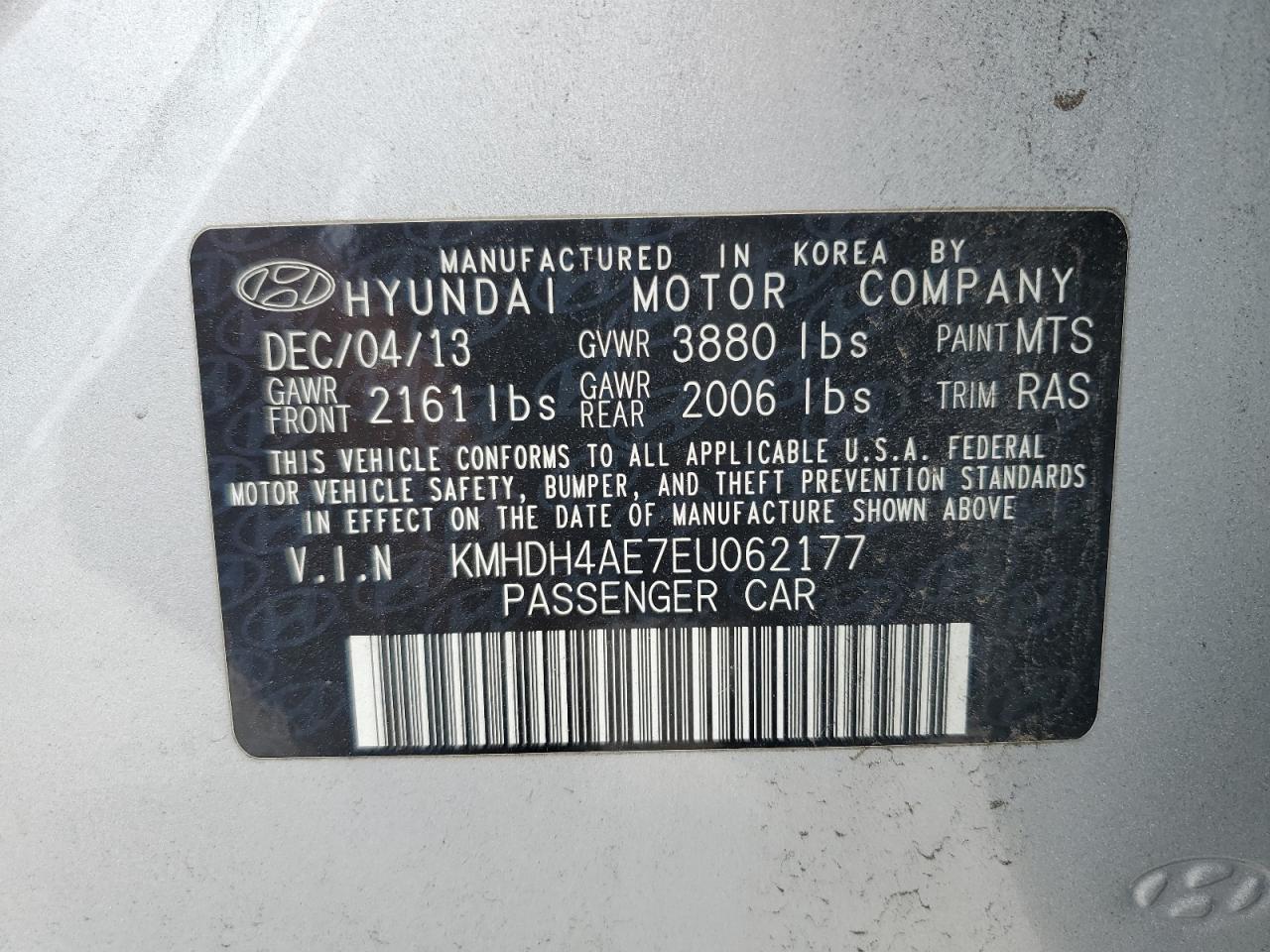 KMHDH4AE7EU062177 2014 Hyundai Elantra Se